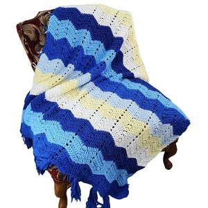 Handmade Blue Chevron Afghan Blanket